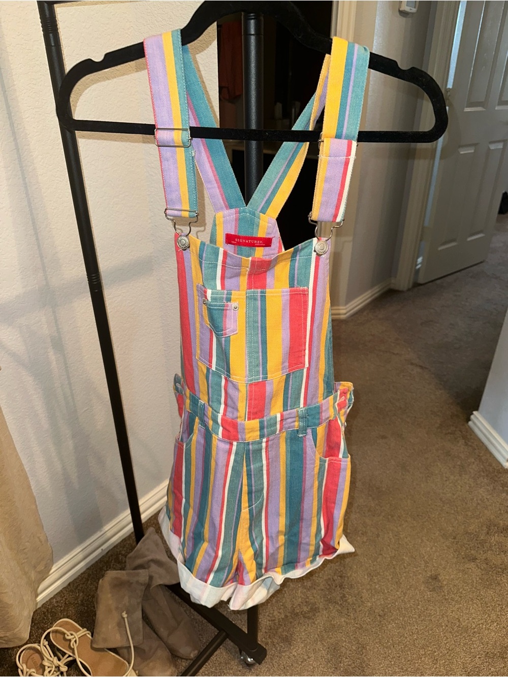 Multicolor Striped Overalls - Bright Rainbow Stripe